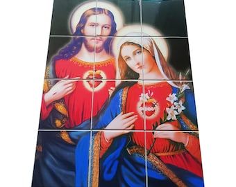Sacred Hearts of Jesus and Mary Tile Mural: Christian Home Decor