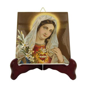 Catholic Gifts - The Sacred Heart of Mary - Religious icon on ceramic tile handmade in Italy - Immaculate Heart - Virgin Mary - Holy Art