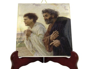 Saint Peter and Saint John running to the tomb on the morning of the Resurrection - icon on tile - christian saints - St Peter - St John
