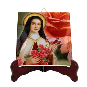 St Therese of Lisieux with Crucifix and roses devotional icon on ceramic tile - catholic saints serie - catholic gifts - devotional gifts