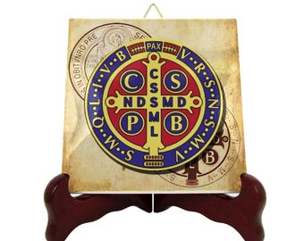 Handmade Saint Benedict Medal Tile: Catholic Protection Art