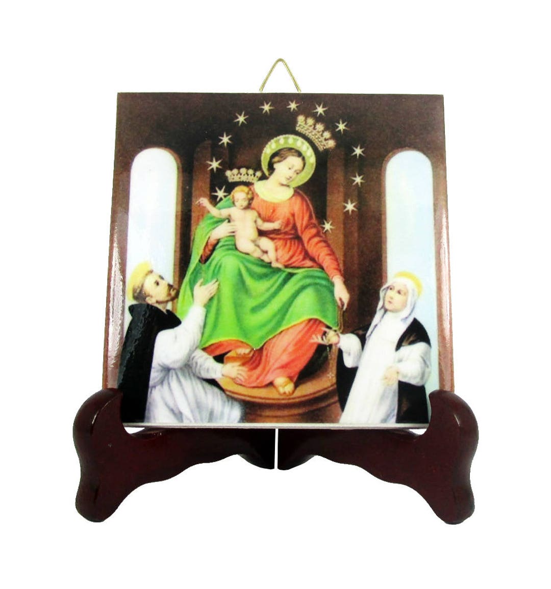 Our Lady of the Holy Rosary Catholic Icon on Tile Virgin of the Rosary