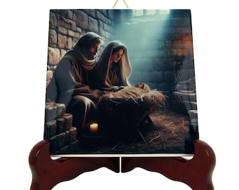 Op de afbeelding: Een keramische tegel met een religieus beeld van de Heilige Familie. De afbeelding toont Maria, Jozef en het kindje Jezus in een stalsetting. De tegel is ingelijst met een houten standaard.