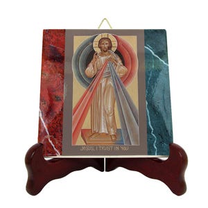 Jesus of Divine Mercy Ceramic Tile Icon - Handmade Christian Art