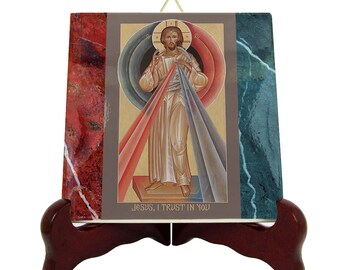 Jesus of Divine Mercy Ceramic Tile Icon - Handmade Christian Art