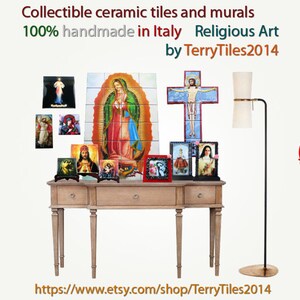 Religious gifts, Our Lady of Guadalupe, Box with 3 tiles, 1 mosaic, 1 clay tile, 1 wood and ceramic icon, catholic gifts Virgin of Guadalupe image 5