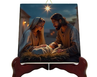 Handmade Nativity Ceramic Tile: Sacred Family Art