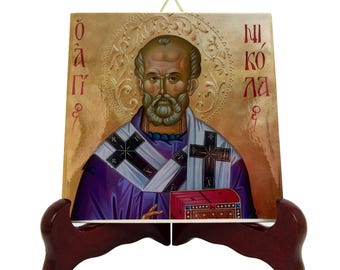 Saint Nicholas of Myra Ceramic Tile – St Nicholas Bishop Catholic Wall Art, Orthodox Christian Icon, Patron Saint Religious Gift