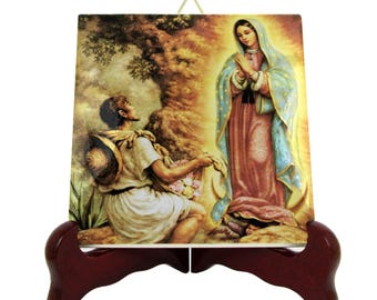 Handcrafted Guadalupe Ceramic Tile Icon: Virgin Mary & St. Juan Diego