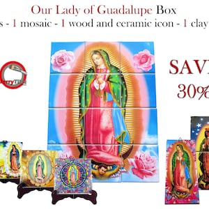 Religious gifts, Our Lady of Guadalupe, Box with 3 tiles, 1 mosaic, 1 clay tile, 1 wood and ceramic icon, catholic gifts Virgin of Guadalupe image 1