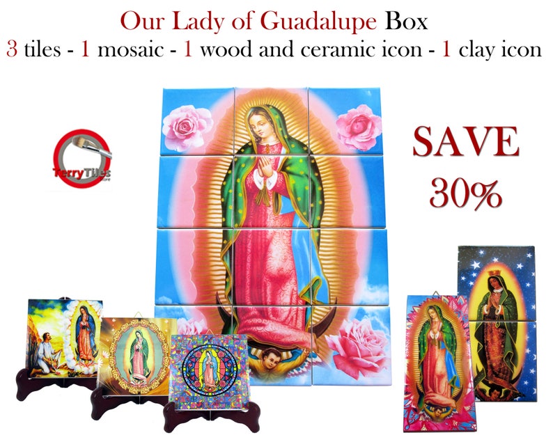 Religious gifts, Our Lady of Guadalupe, Box with 3 tiles, 1 mosaic, 1 clay tile, 1 wood and ceramic icon, catholic gifts Virgin of Guadalupe image 1