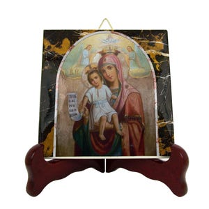 Virgin Mary &#39;Axion Estin&#39; Icon on Ceramic Tile - Handmade Christian Art
