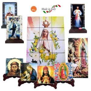 a bunch of religious figurines on display