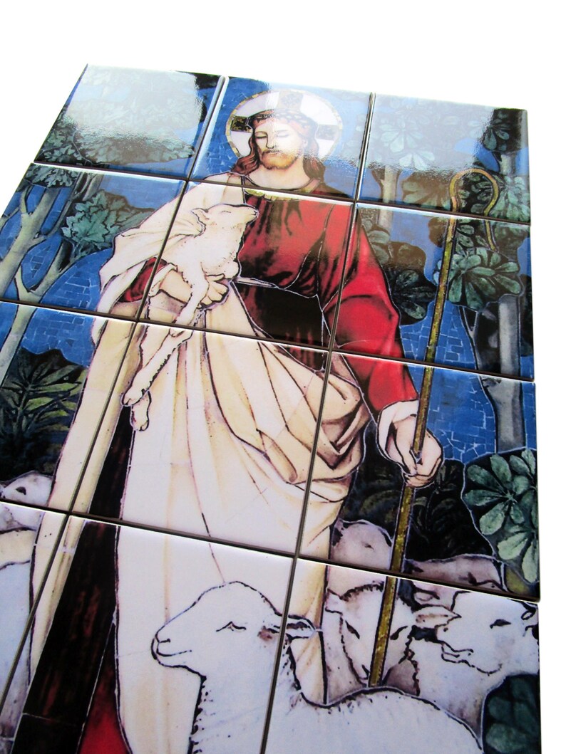 Religious wall art Tile Mural Jesus the Good Shepherd Etsy
