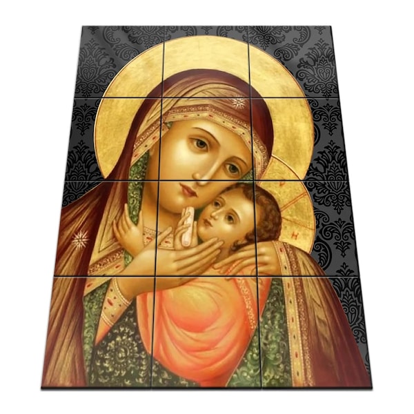 Mother of God Icon - Theotokos - Tile Mural - Virgin Mary icon - 12 ceramic tiles - Mother Mary - Religious wall art - Russian Style