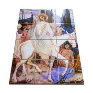 May include: A painting depicting Jesus riding a donkey, surrounded by people. The painting is done in a style reminiscent of the Pre-Raphaelite Brotherhood, with soft colors and detailed brushstrokes. The scene is set in a landscape with palm trees and a blue sky.