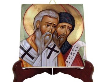 Saints Cyril and Methodius Icon: Handmade Religious Ceramic Tile