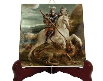 Handmade Saint George and the Dragon Ceramic Tile - Catholic Wall Art