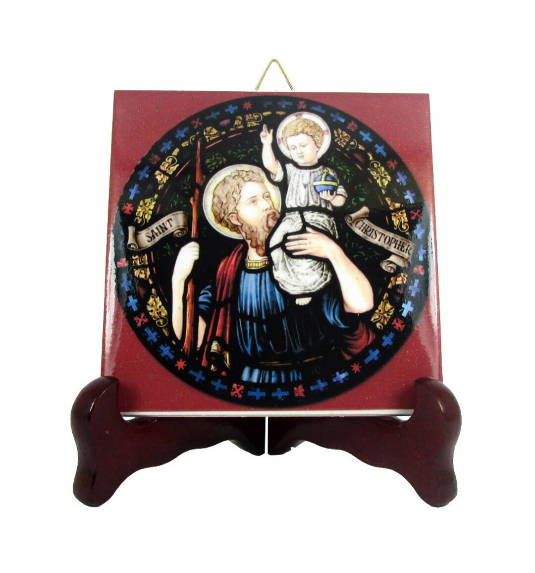 Catholic Saints St Christopher Religious Icon on Ceramic Tile Handmade