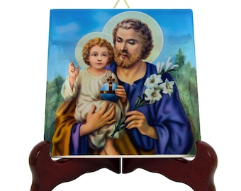 Saint Joseph and Child Jesus Ceramic Tile Icon - Handmade Catholic Art