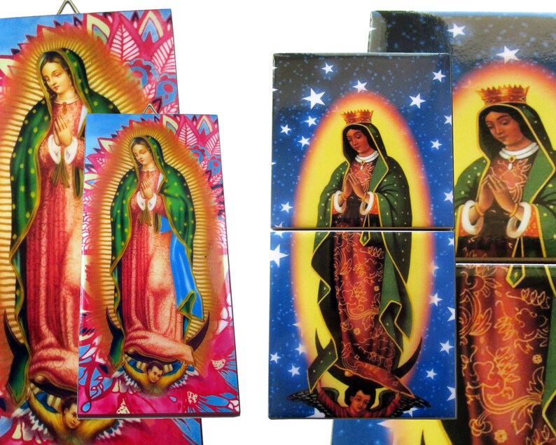 Religious gifts, Our Lady of Guadalupe, Box with 3 tiles, 1 mosaic, 1 clay tile, 1 wood and ceramic icon, catholic gifts Virgin of Guadalupe image 3