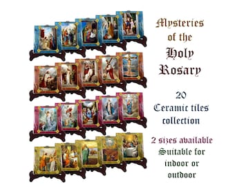 Juego de azulejos de cerámica de los Misterios del Santo Rosario – 20 azulejos de arte mural católico, decoración religiosa para la pared, regalo católico, sala de oración y altar doméstico.