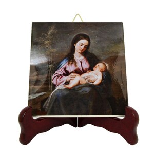 Catholic home decor ceramic tile icon, handmade image of Blessed Virgin Mary & Baby Jesus, perfect religious gift for believers.