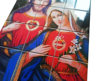 Sacred Hearts of Jesus and Mary Tile Mural: Christian Home Decor