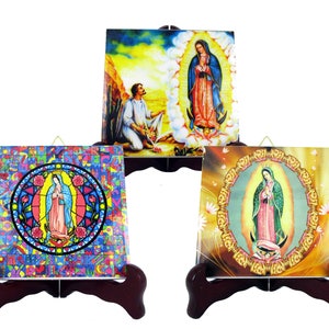 Religious gifts, Our Lady of Guadalupe, Box with 3 tiles, 1 mosaic, 1 clay tile, 1 wood and ceramic icon, catholic gifts Virgin of Guadalupe image 2