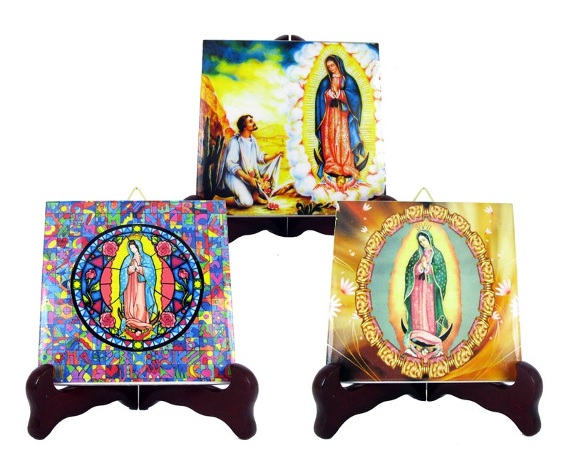 Religious gifts, Our Lady of Guadalupe, Box with 3 tiles, 1 mosaic, 1 clay tile, 1 wood and ceramic icon, catholic gifts Virgin of Guadalupe image 2