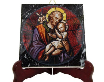 Saint Joseph with Child Jesus - St Joseph icon on ceramic tile - St Joseph plaque - St Joseph art - St Joseph print - St Joseph with Jesus