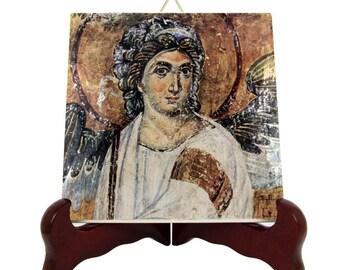 White Angel Ceramic Tile: Serbian Orthodox Icon, Handmade in Italy