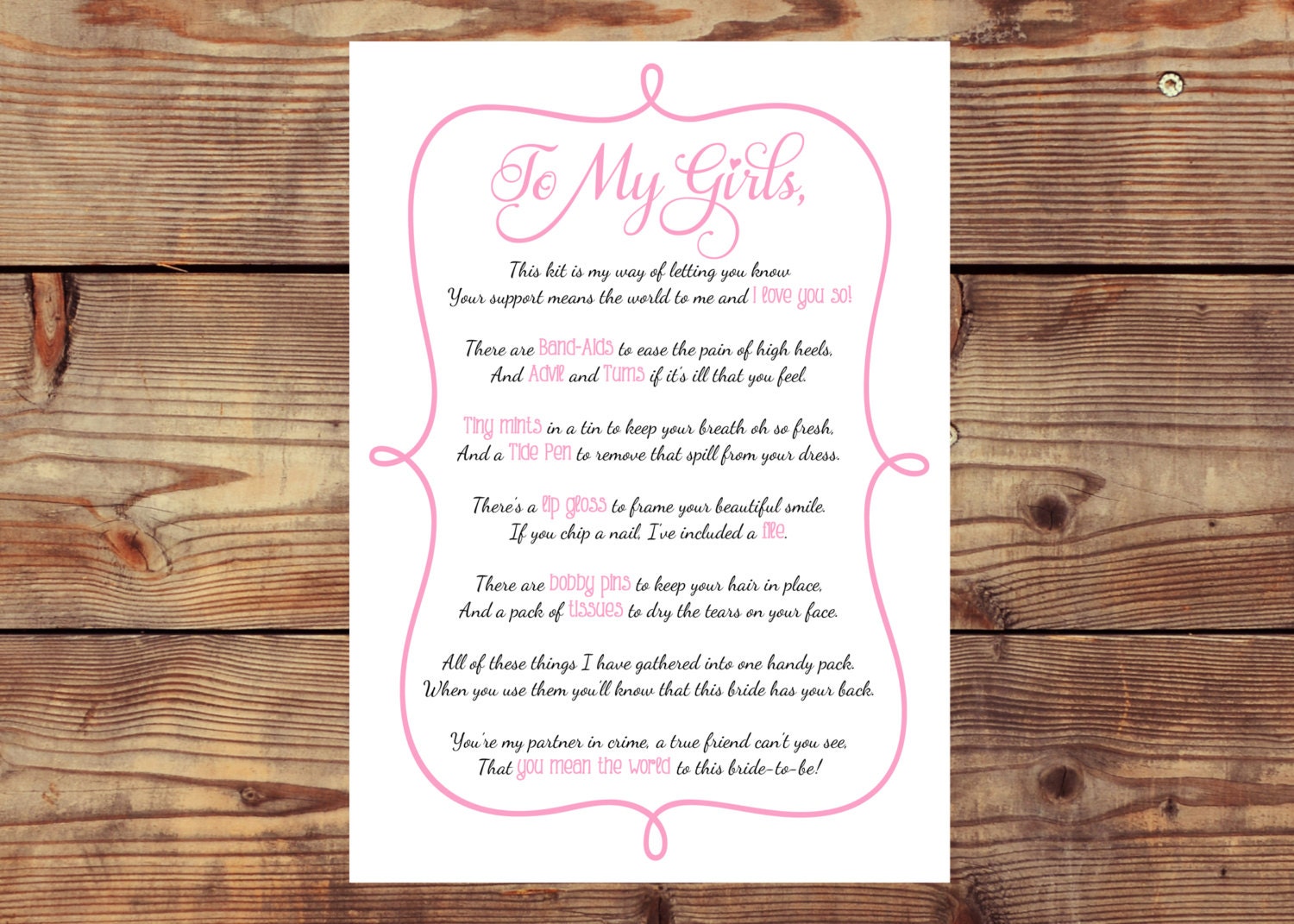 INSTANT DOWNLOAD Printable Bridesmaid Survival Kit Poem Card Etsy