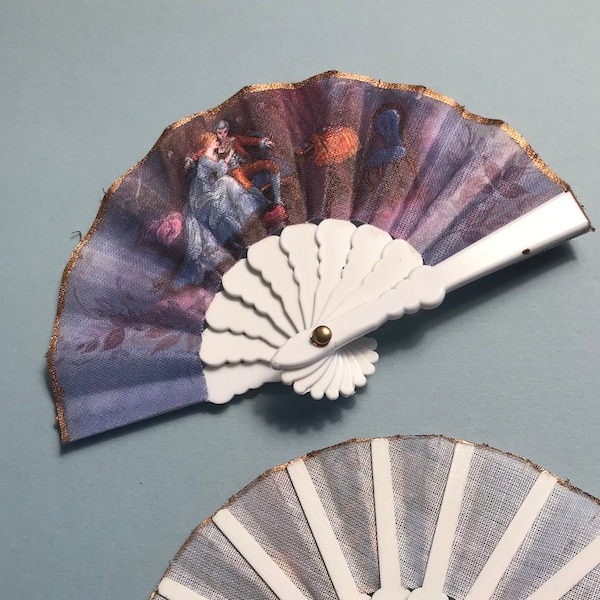 Mini vintage fans handmade in Spain, 5,25” x 3” when open. 3" x 1" closed and fit for purse, pocket, or turn into magnet, broach or ornament