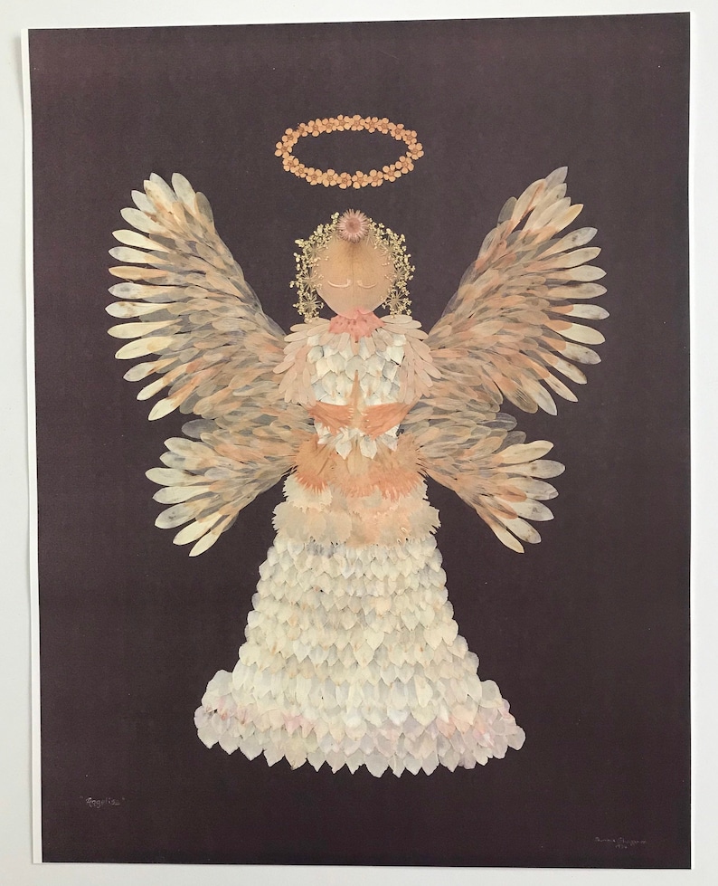 Angel print reproduced from my original work in pressed flowers Petals and pieces from eight different flowers are included. 11 x 14