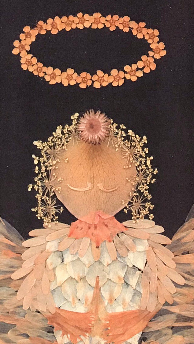 Angel print reproduced from my original work in pressed flowers Petals and pieces from eight different flowers are included. 11 x 14