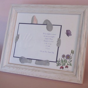 Baby frame for birth announcement or photo.  Hand painted, hand cut motif in coordinating colors & whitewash wooden frame to hang or stand.