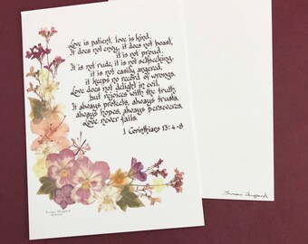 A card of love for weddings, anniversaries, engagements and more, with envelope, A7 size. 5” x 7” print made from my pressed flower design.