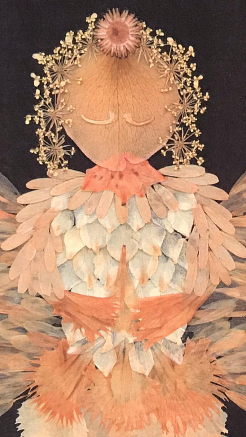 Angel print reproduced from my original work in pressed flowers Petals and pieces from eight different flowers are included. 11 x 14