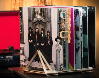 Wooden Vinyl Record Stand: Mid-Century Modern Album Storage with 'Now Playing' Clip