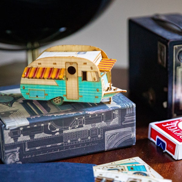 MINI Vintage Camper Wooden Model Christmas Ornament, Desktop playset, snaps together. 3D puzzle trailer kit that makes a great gift for men!