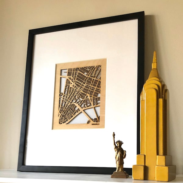 Your Custom Street Map Wooden Cutout of your favorite Town & Neighborhood. Map centered over your exact address, building, or intersection!