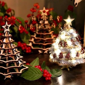 Christmas Tree Kit. Miniature Wooden desktop tree made from a single punch card. 3D puzzle for the home or office. Decoration contest, too image 3