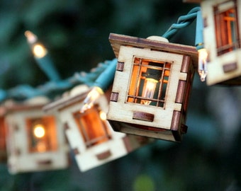 Patio String Lights. Electrolites - Craftsman Style Bungalows. DIY Unique wooden 3D lighting. Cafe String Lights for Indoor/Outdoor Parties