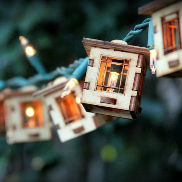 Patio String Lights. Electrolites - Craftsman Style Bungalows. DIY Unique wooden 3D lighting. Cafe String Lights for Indoor/Outdoor Parties