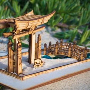 Zen Garden Japanese Meditation Kit. Playset of 6 pieces, plus the sandbox option. Shinto Gate, Rake, Bridge, Lantern, and Lucky Kitty too image 4