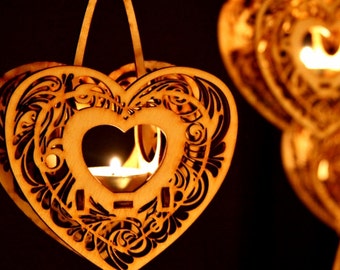 Heart Luminaire Kit, Natural Wood Tealight Lantern, Filigree Design
