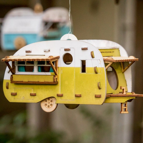 Paintable Camper Bird House & Desktop playset, snaps together and builds easily. 3D miniature model trailer kit! 2 sizes to choose from.