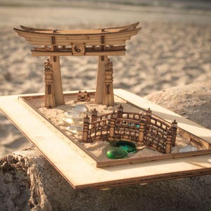 Zen Garden Japanese Meditation Kit. Playset of 6 pieces, plus the sandbox option. Shinto Gate, Rake, Bridge, Lantern, and Lucky Kitty too image 5