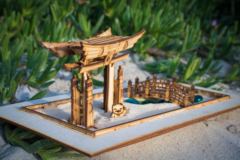 Zen Garden Japanese Meditation Kit. Playset of 6 pieces, plus the sandbox option. Shinto Gate, Rake, Bridge, Lantern, and Lucky Kitty too image 4